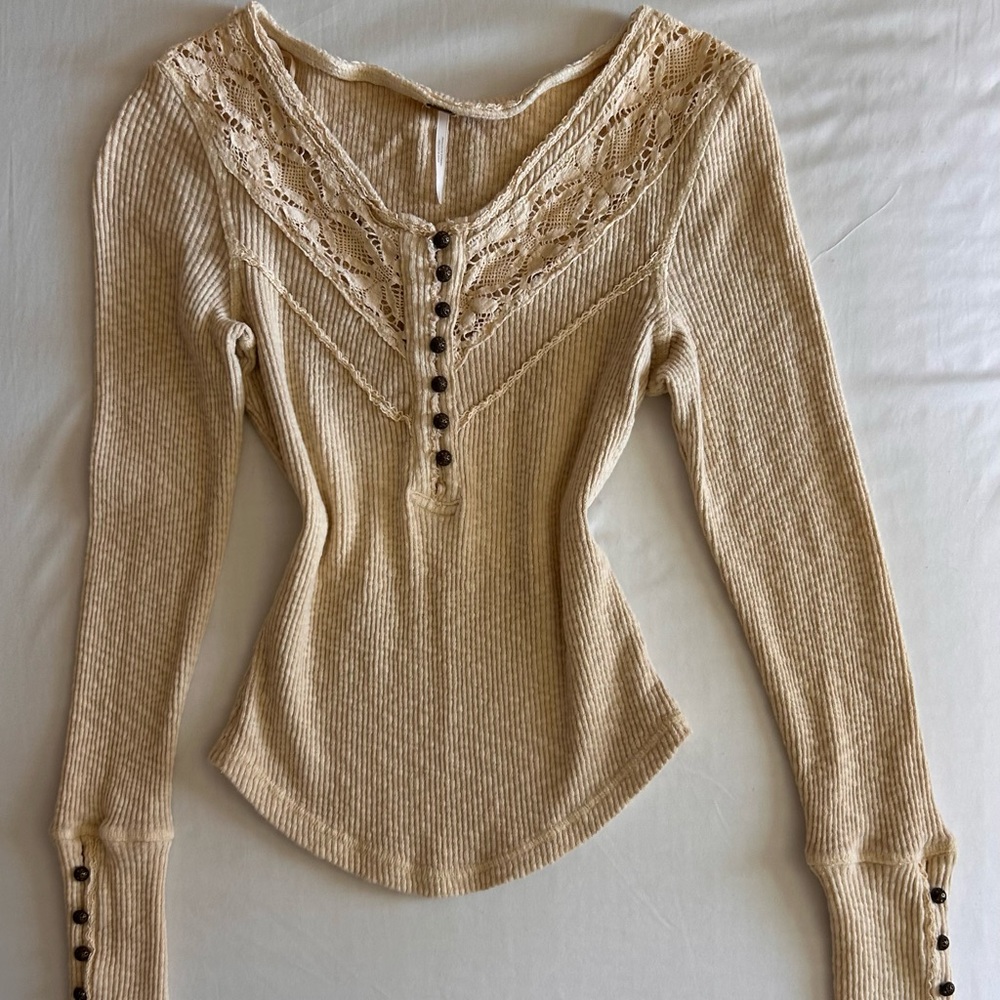 Free People Come On Over Henley - Tan/Cream color